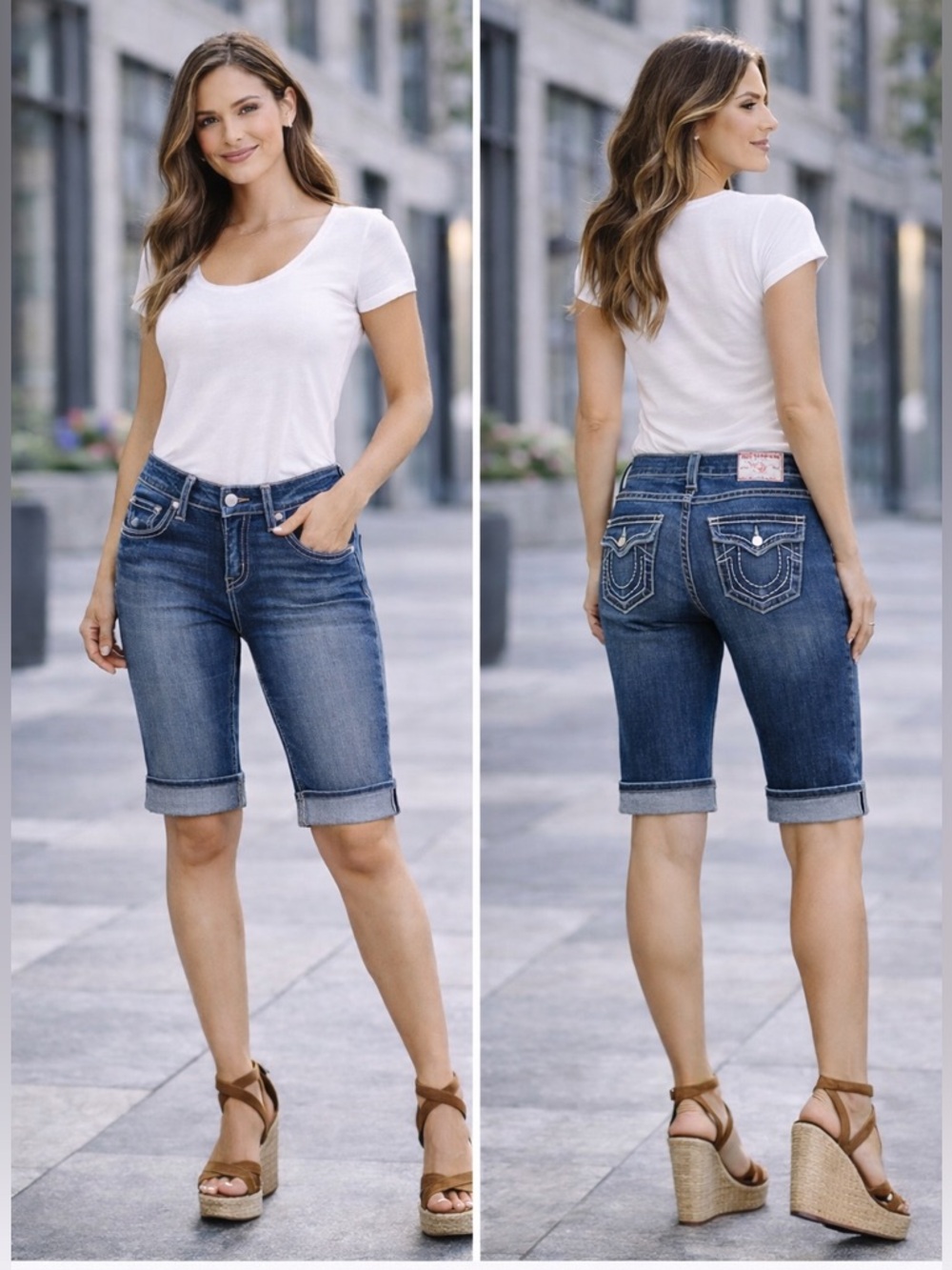 True Religion Disco Sophie Big T Shorts Size 27 Dark Wash Pocket Crystal Buttons